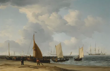 A Beach Scene with a Man-of-War in the Distance
